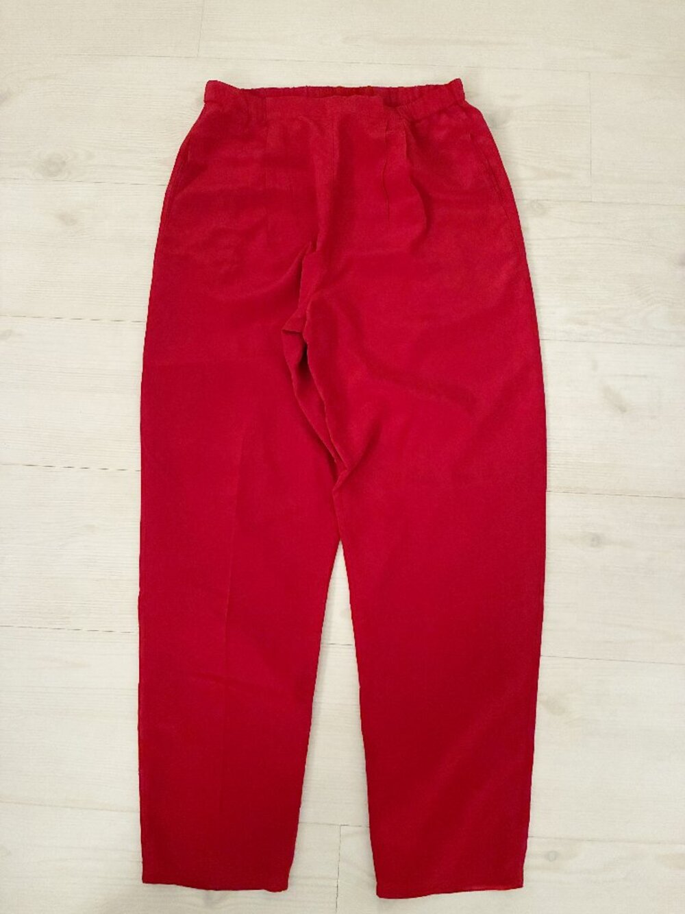 Vintage Suzelle Red 100% Silk Pleated Trouser Pants Elastic Waist Size 8